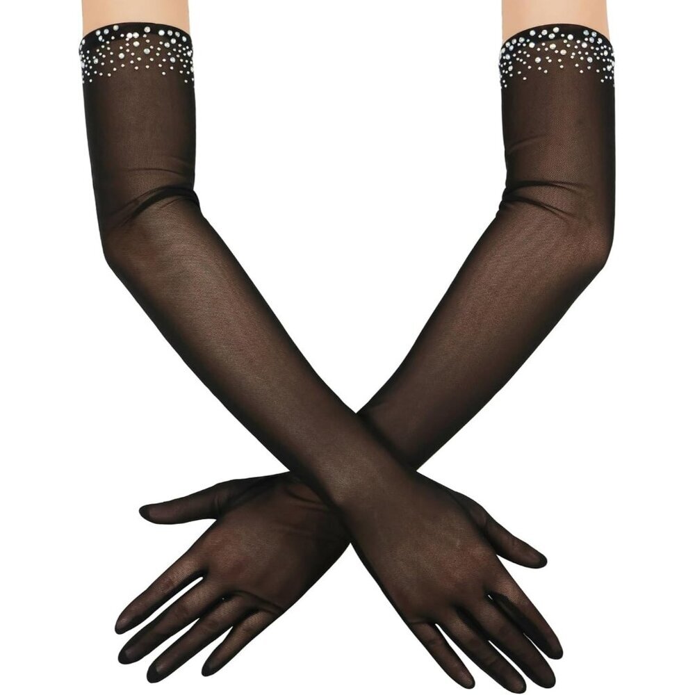 Women's Sexy Pearl White Beaded Long Gloves Tulle Mesh Wedding Party Prom - Picture 7 of 7